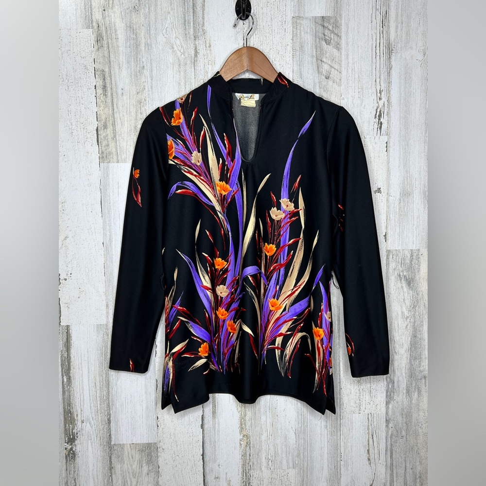 Rhoda Lee VINTAGE 70s Floral V Neck Top Black Orange Size 10